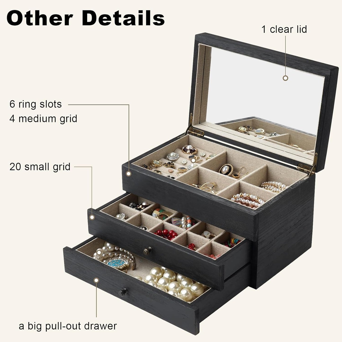 Meangood Jewelry Box Organizer for Women, 3 Layer Large Jewelry Storage Case, Rustic Wooden Jewelry Box with Mirror & Ring Tray for Necklace Earring Bracelets Rings, Vintage Style (Black)