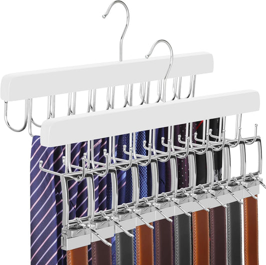 TOPIA HANGER 2 Pack 2 in 1 Belt Tie Hanger for Closet Max 60 Belts with 60 Ties Capacity, 40 Hooks Belt Tie Racks Wooden Hanger for Closet Organizer Storage “U” Fit Belt and “一” Fit Tie - CT52W