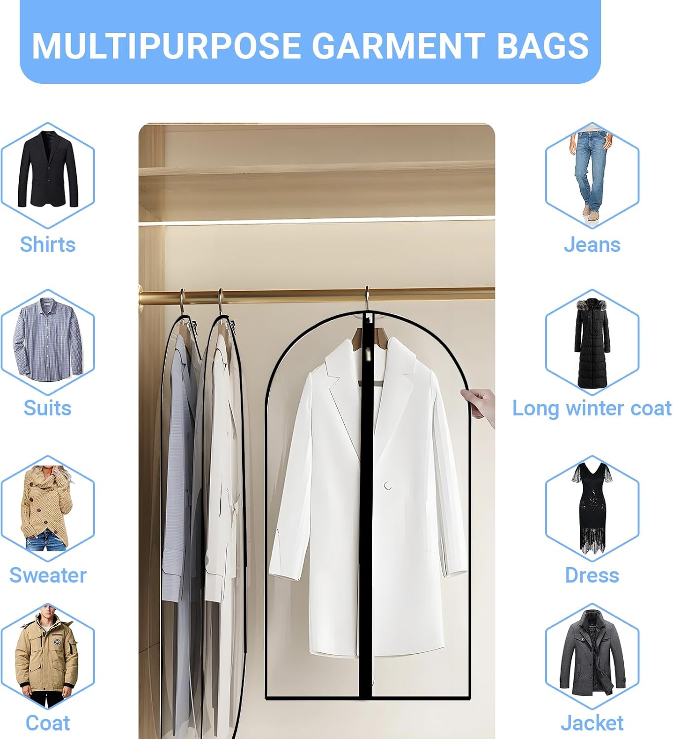 Garment Bags for Hanging Clothes 24'' x 55'' (Set of 12) Coat Covers for Closet Foldable Washable Dress Bags for Hanging Clothes for Long Dress Dance Costumes Suits Gowns Coats