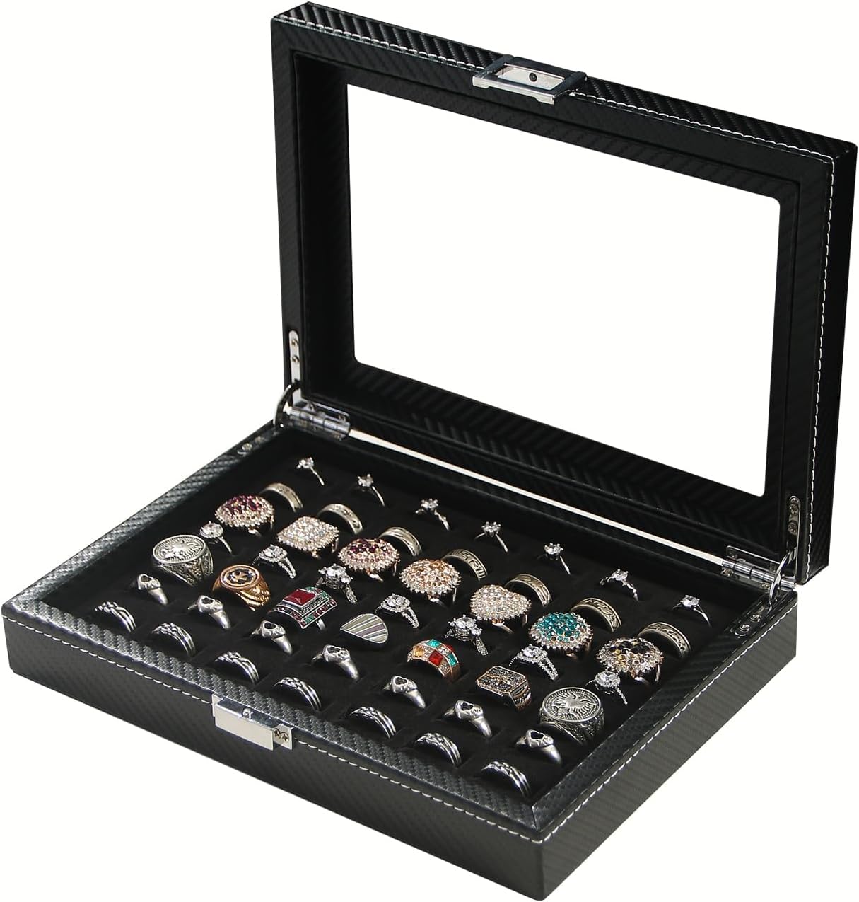 Byken Carbon Fiber Ring Organizer for Jewelry,Rings Display Case,Small Travel Jewelry Box,49 Slots Cufflink Storage Tray with Glass Lid,Black