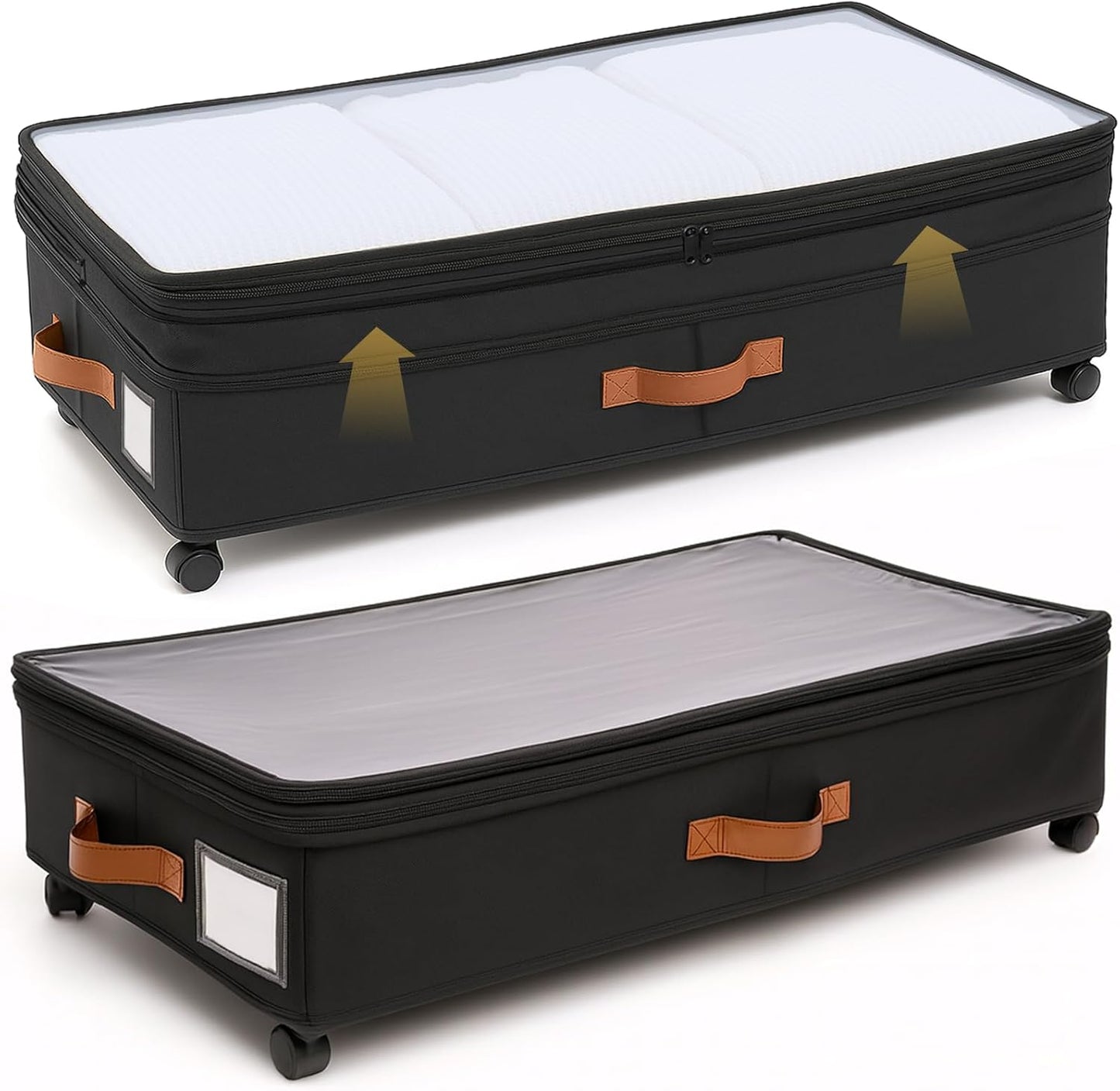 AVOKIHI Under Bed Storage Containers with Wheels 2-Pack, 60L Large Underbed Organizer Box for Clothes, Blankets & Shoes, 9.5 Inch Adjustable Height Under the Bed Storage Bin with Clear Top (Black)