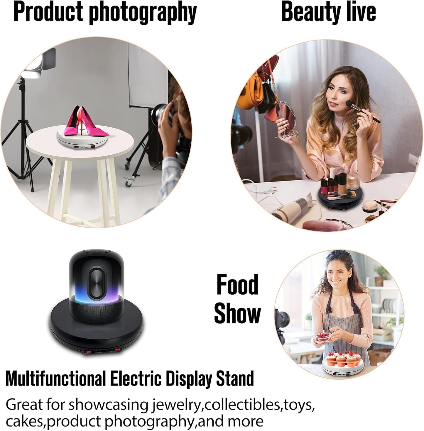 JAYEGT Motorized Rotating Display Stand with LED Light , 10 inch /55lbs Load, 360 Degree Electronic Turntable Display Stand for Photography Products Shows, Jewelry, Watch, 3D Models, Cake (Black)