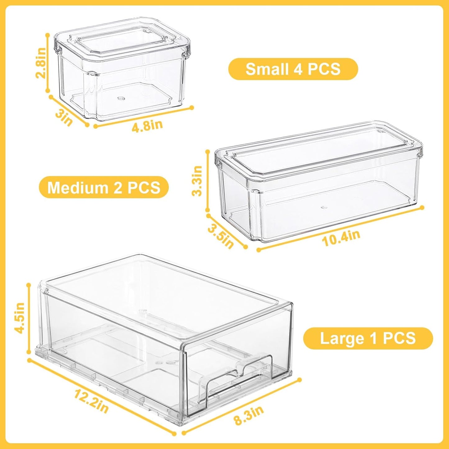 YINGRACE 7 Pack Fridge Organizer Bins, Stackable Refrigerator Organizers and Storage, With a Pull-out Drawer, BPA-Free Clear Containers For Fruit, Vegetable, Drinks