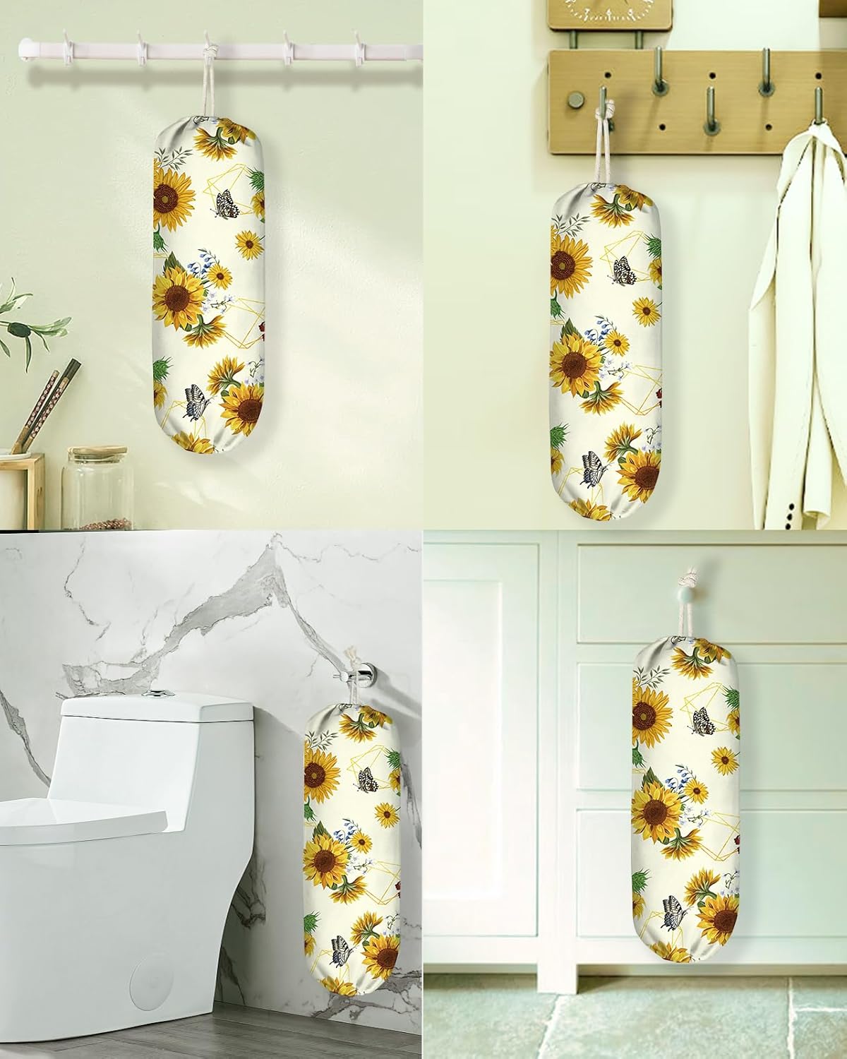 Plastic Bag Holder, Grocery Bag Organizer - 1 Pack Cute Kitchen Dispenser Holders Reusable Shopping Western Hanging Wall with Adjustment Drawstring Closure for Women Home, Sunflower