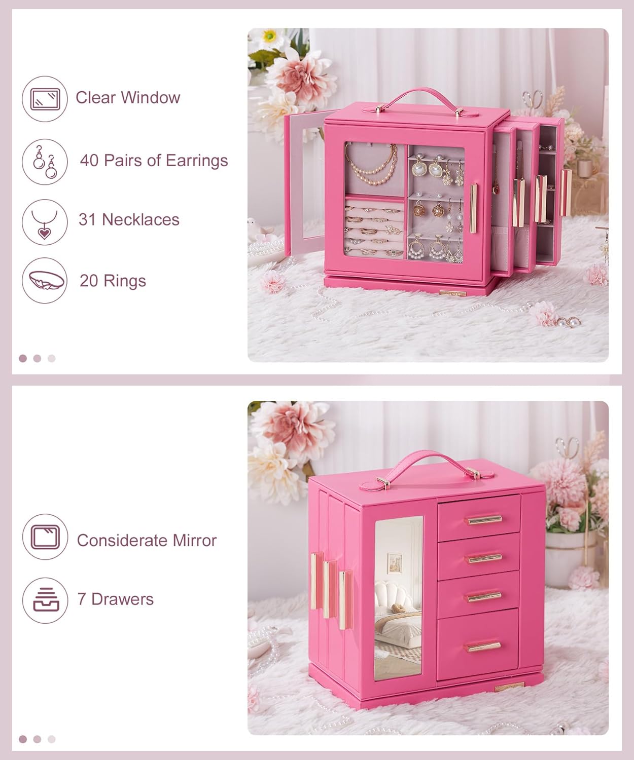 Homde Christmas Gifts Jewelry Box 360° Rotating, Necklace Earring Organizer with Transparent Window, Mirror, 7 Drawers, Large Ring Display Storage Case for Girls Women (Pink)