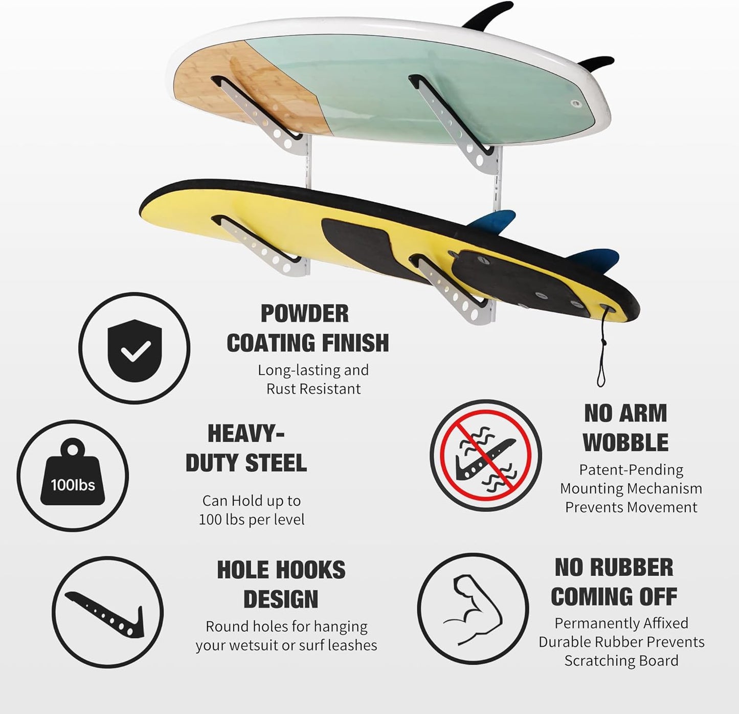 2 Board Surf Rack Wall Mount for Surfboard, Wakeboard, Snowboard Storage Adjustable Wall Hangers Boards Display