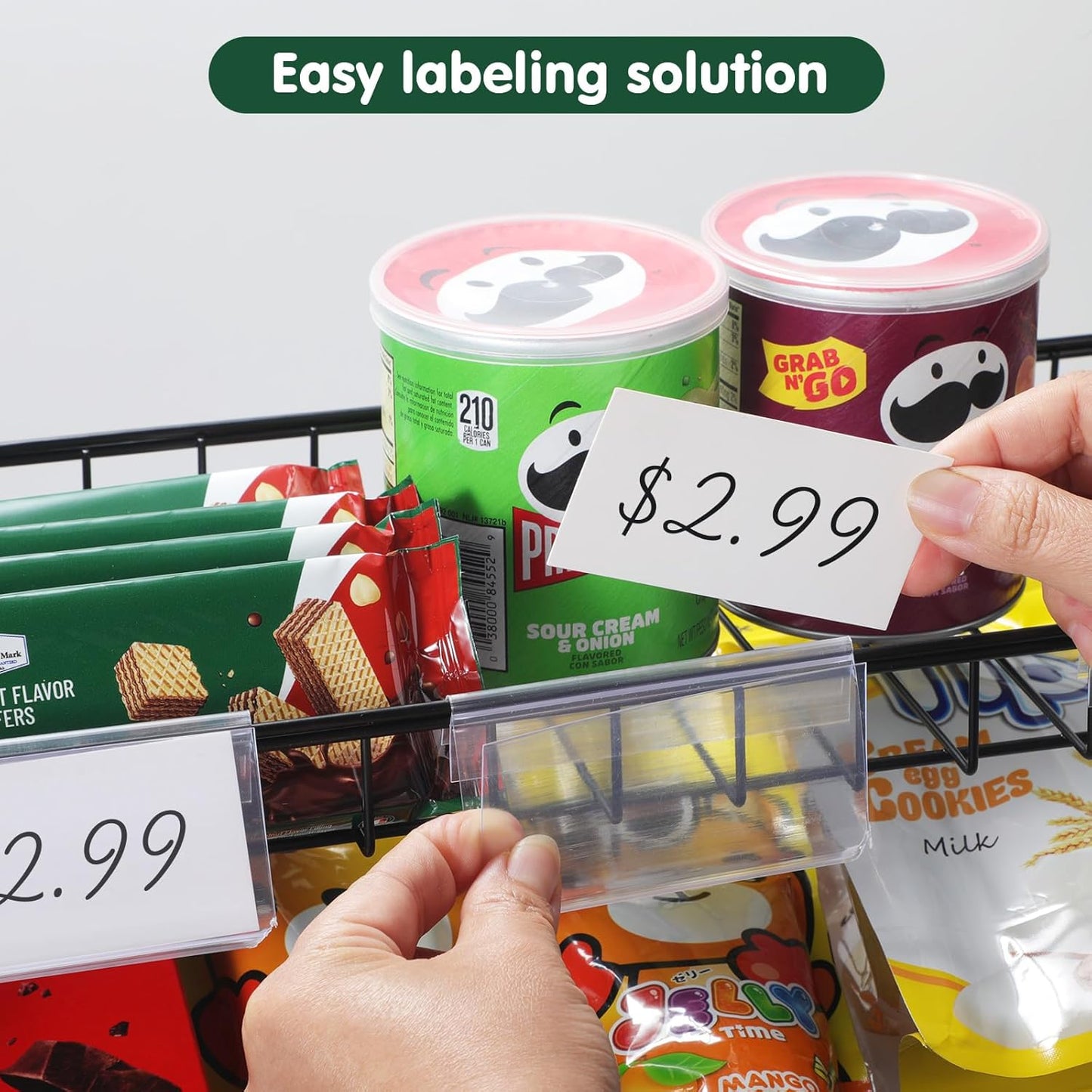 4-Tier Black Stackable Candy Display Rack, Snack Organizer For Countertop, Stores, Offices with 24 Signs and 60 Labels (Black-2 Pack)