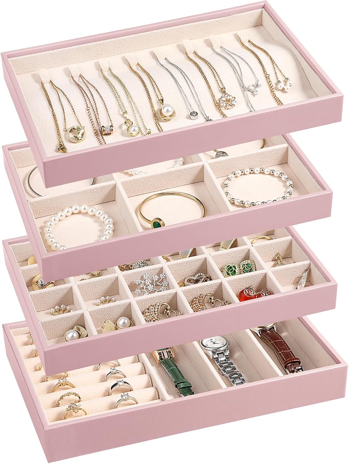 LANDICI Stackable Jewelry Organizer Trays 4 Set,PU Leather Jewelry Organizer Drawer,Jewelry Storage Display Tray for Earring Necklace Rings Bracelet with Removable Dividers,Rose Gold
