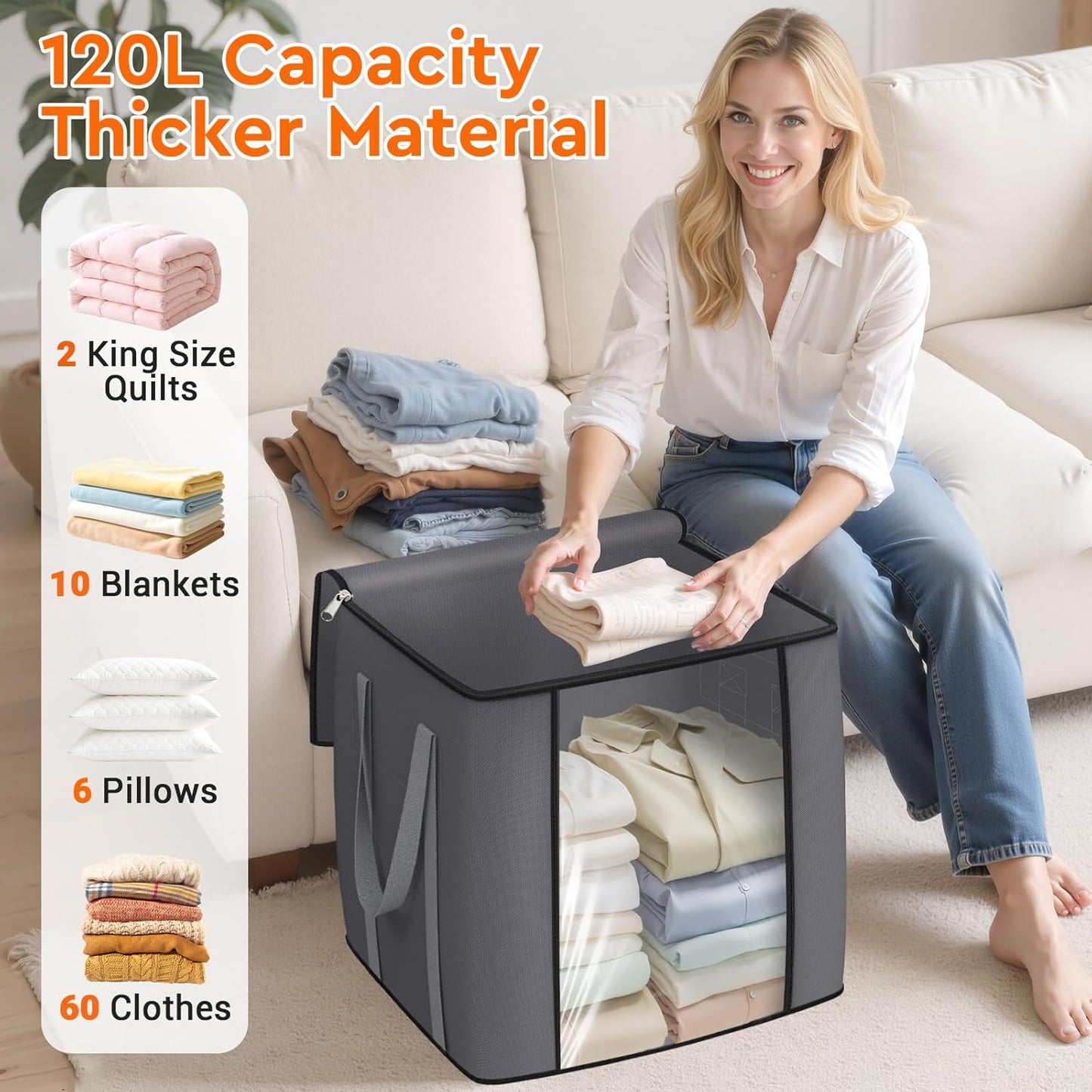 120L Extra Large Clothes Storage Bags, Foldable Blanket Storage and Organization, Thick Fabric Containers with Reinforced Handles & Zippers for Clothing, Comforters, Bedding, Gray, 2 Pack