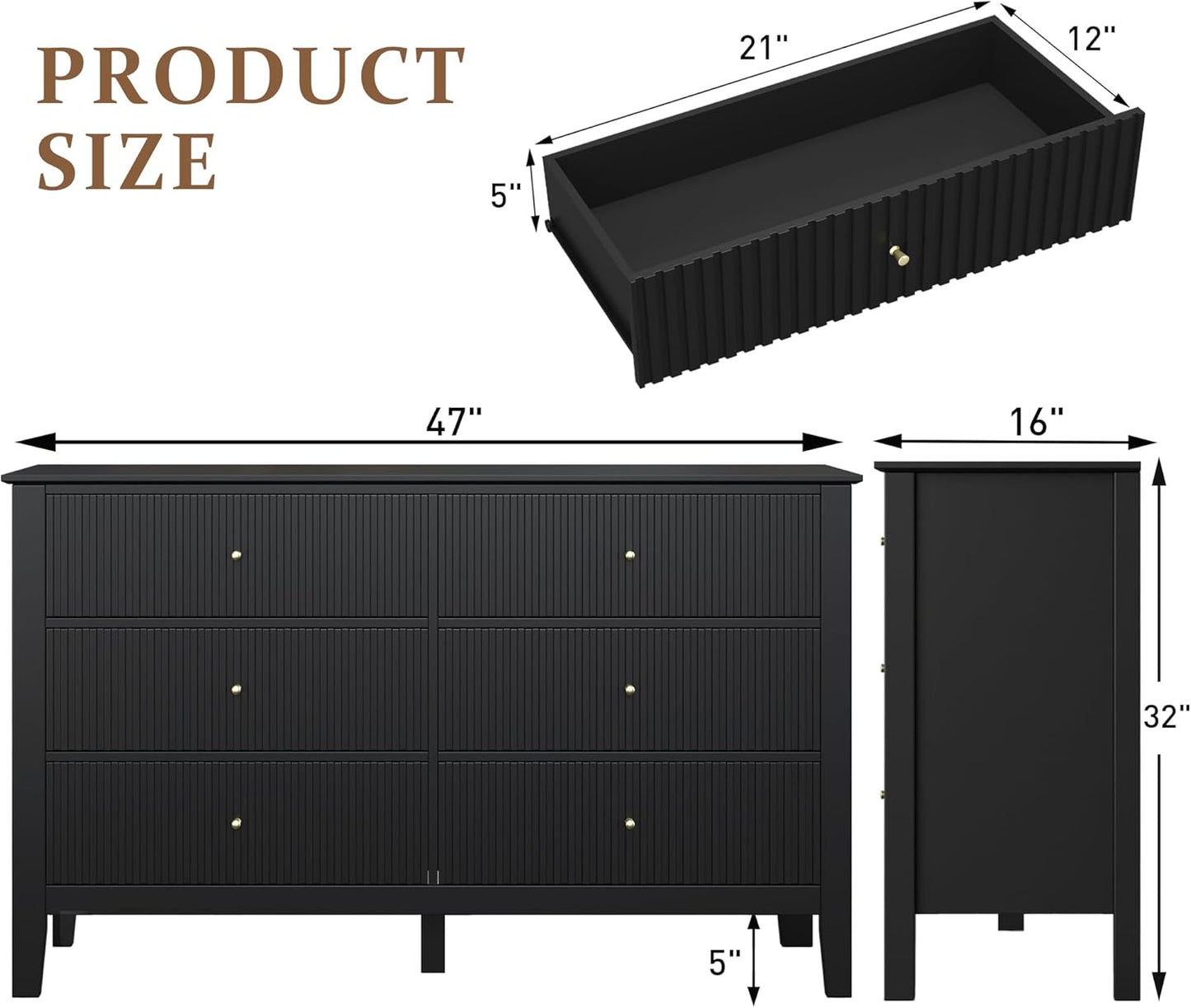 RoyalCraft Black 6 Drawer Dresser, Fluted Modern Wood Dresser, Double Chest of Drawers for Bedroom, TV Stand Storage Cabinet for Living Room