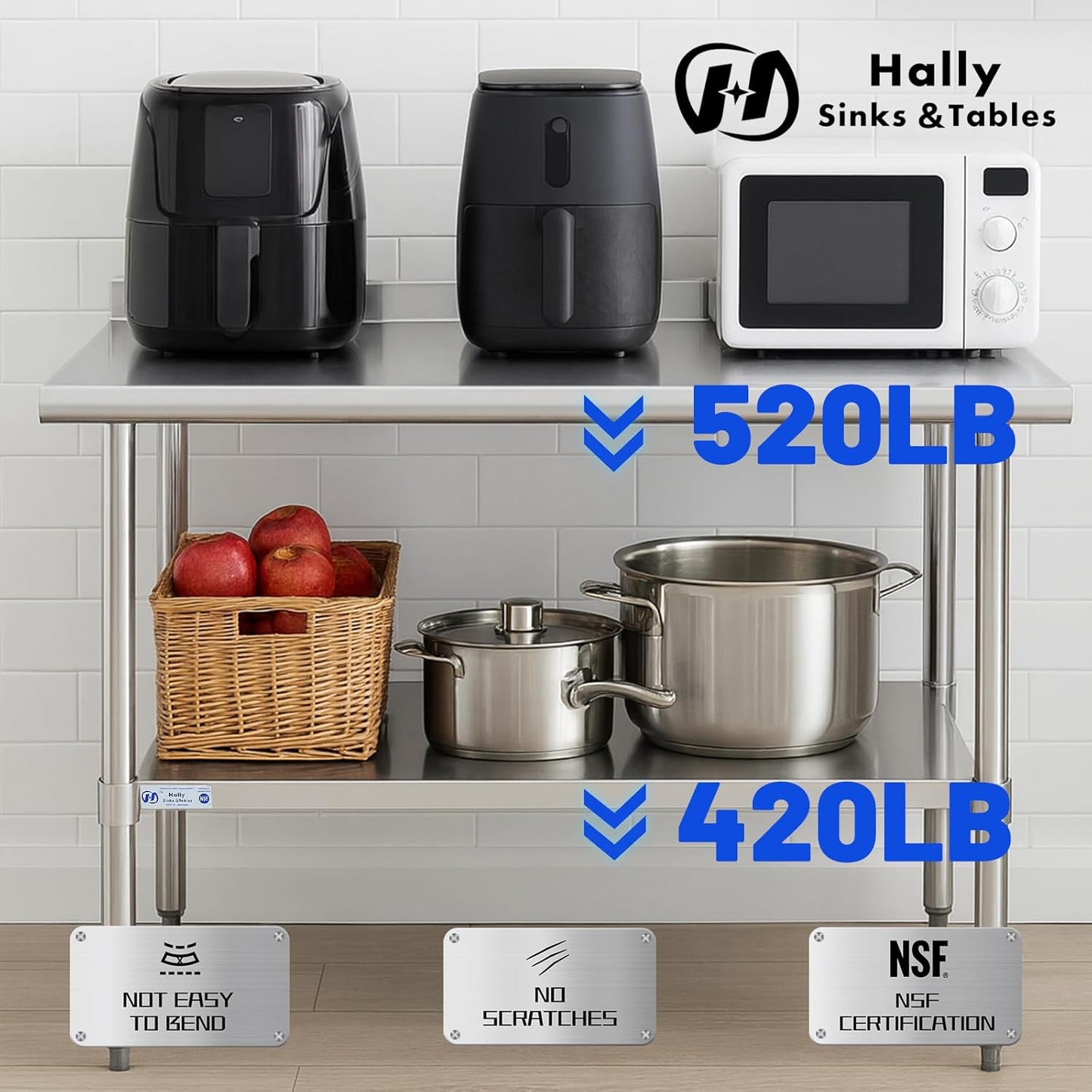 Hally Sinks & Tables HStainless Steel Table for Prep & Work 24 x 72 Inches, NSF Commercial Heavy Duty Table with Undershelf and Backsplash for Restaurant, Home and Hotel