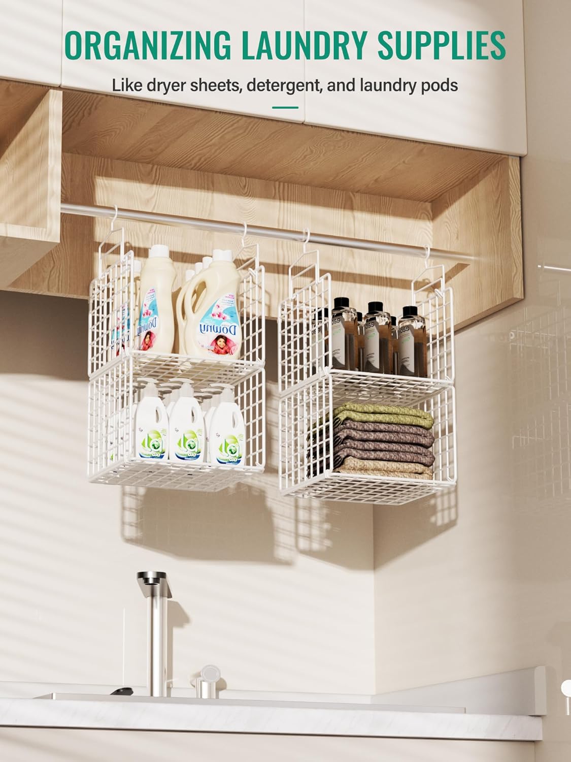 Hanging Closet Organizer, 4 Tier Metal Closet Organizers and Storage with 4 Hanging Hooks 4 S-Hooks for Wardrobe Laundry Room, Wire Storage Shelf for Clothes Sweaters Pants (White)