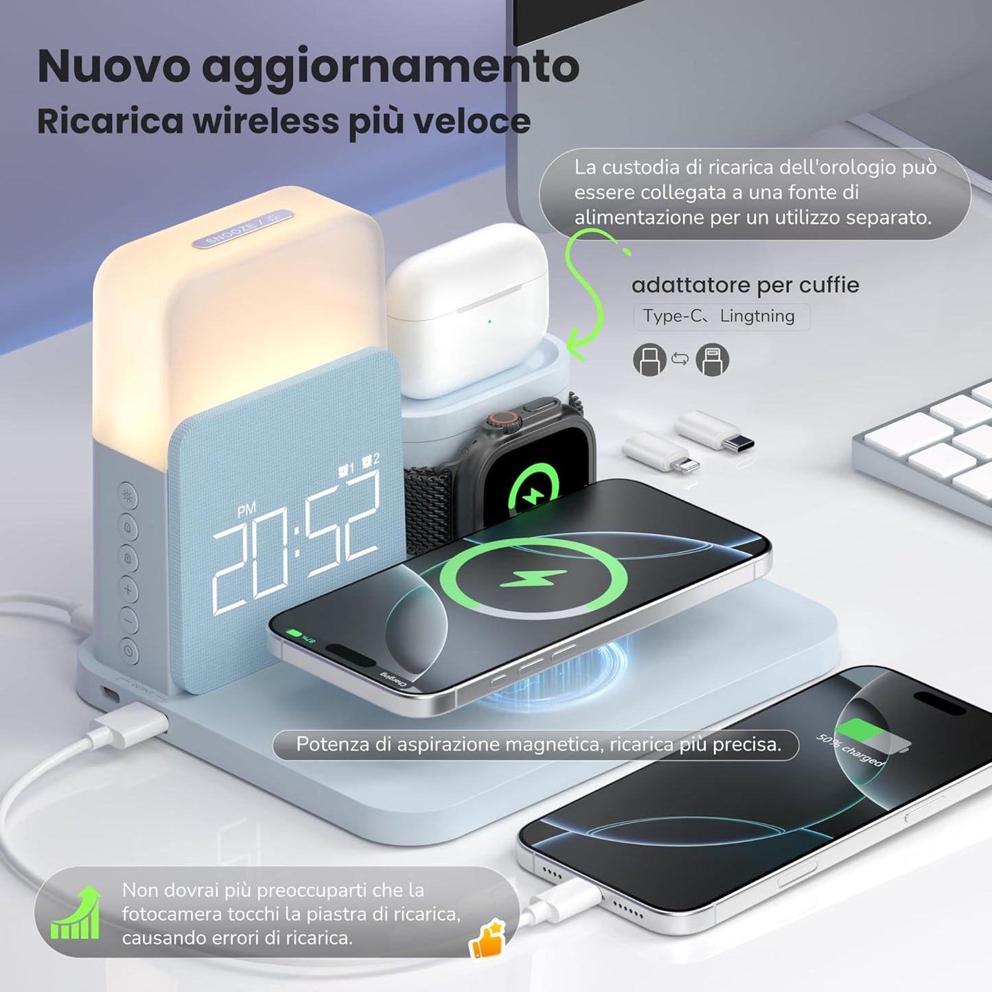 7 in 1 Wireless Charging Station, Alarm Clock with Wireless Charger for Bedrooms, Magnetic Charger with Night Light Bedside Clock for iPhone 17 16 15 14 13 12 Pro Max, Apple Watch, AirPods