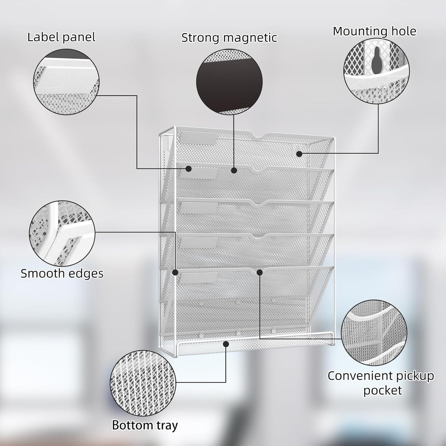 6 Tier Magnetic File Holder, No Drilling Installation File Cabinet Organizer,Black Magnetic File Holders, Magnetic Paper Holder for Refrigerator,File Cabinets, Whiteboard, White