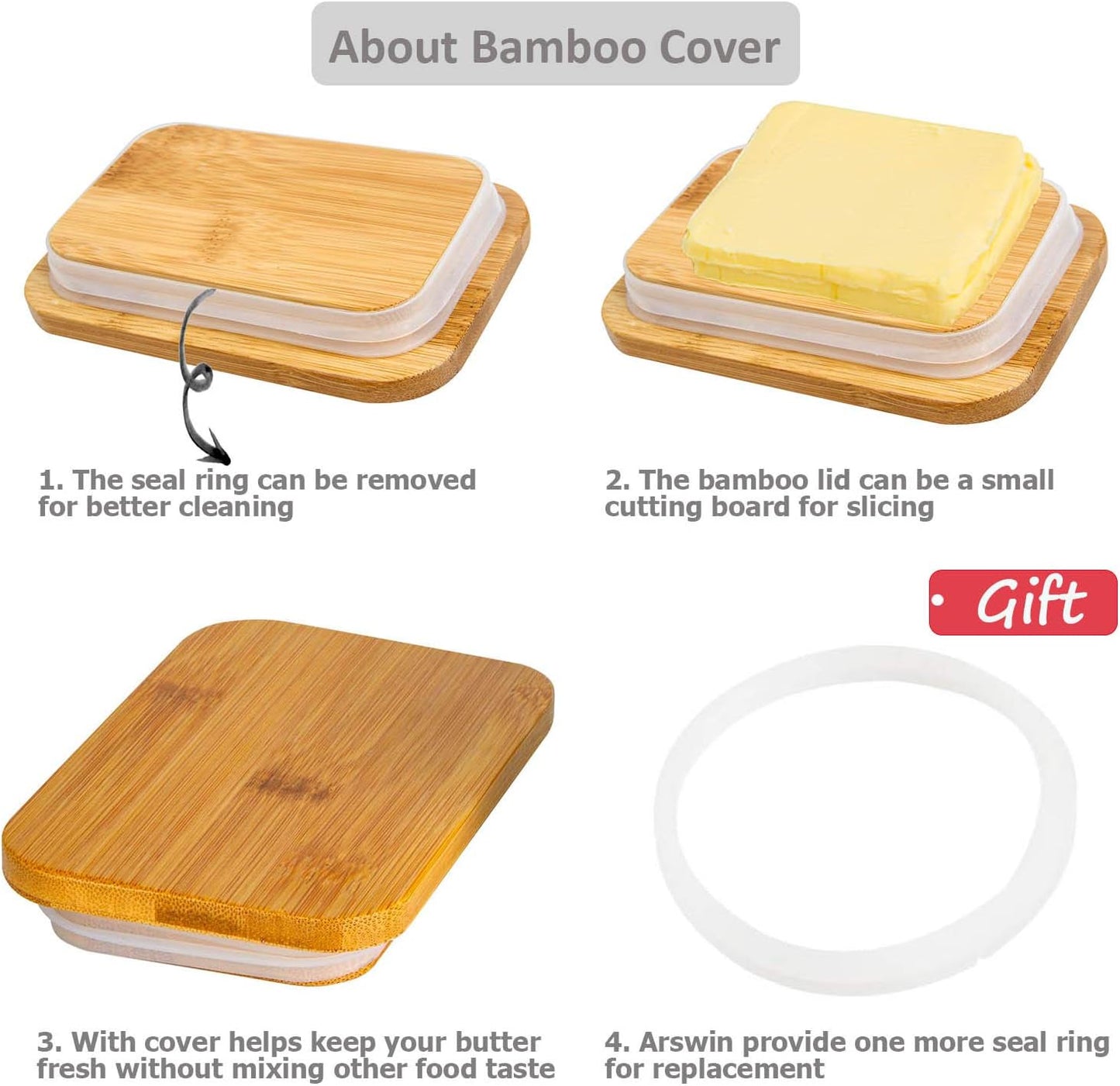 Porcelain Butter Dish with Lid,Ceramic Butter Dish with Bamboo Lip,Butter Keeper Container with Cover for Countertop or Refrigerator,Heat Resistant Kitchen Butter Storage Dish,White (300ml)