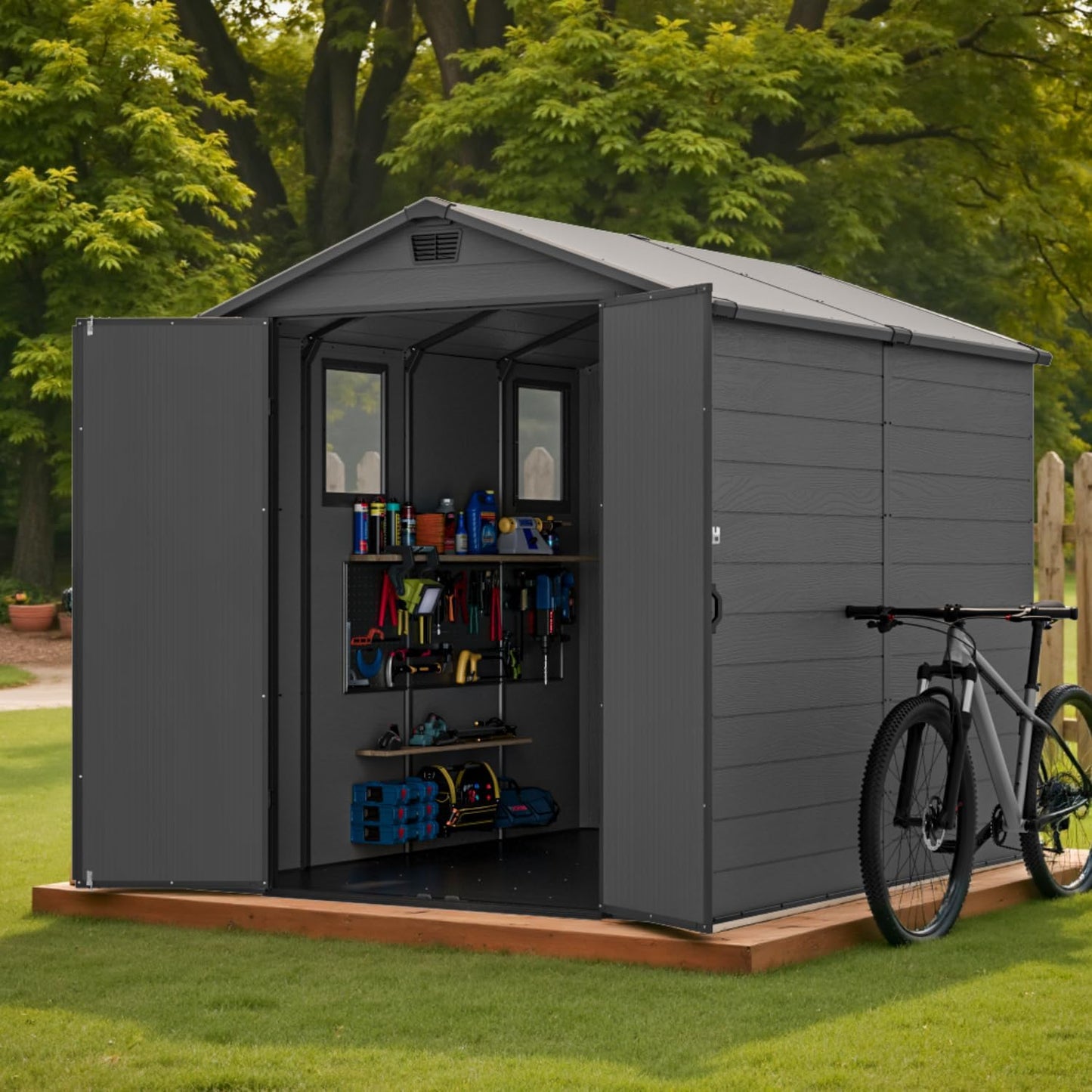 Devoko 6x8 Ft Outdoor Storage Shed - Lockable Resin Tool Shed with Window & Floor - Easy Assembly for Garden, Backyard, Dark Gray