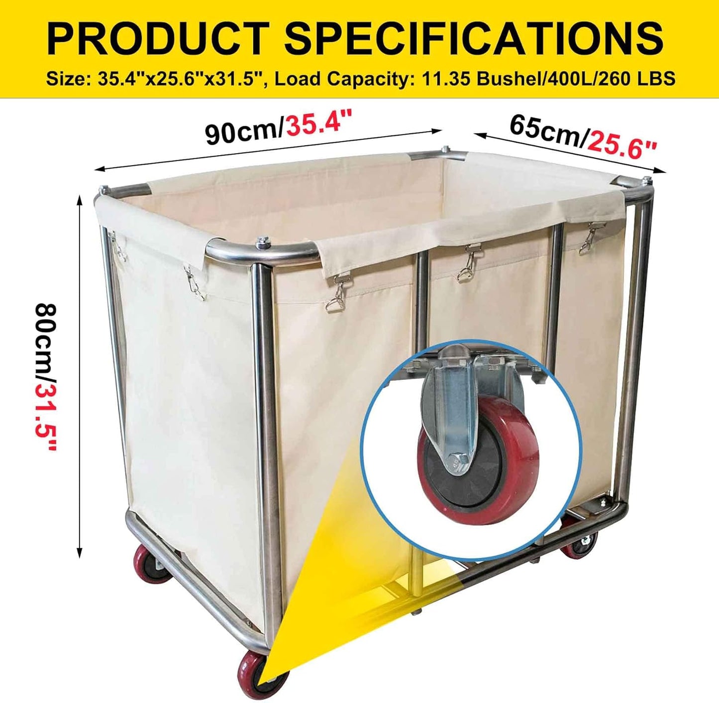 Laundry Cart Commercial,11.35 Bushel Large Industrial Rolling Laundry Hamper with 4 Inch Wheels,Home Heavy Duty Laundry Baskets with Stainless Steel Frame, 260 LBS Load