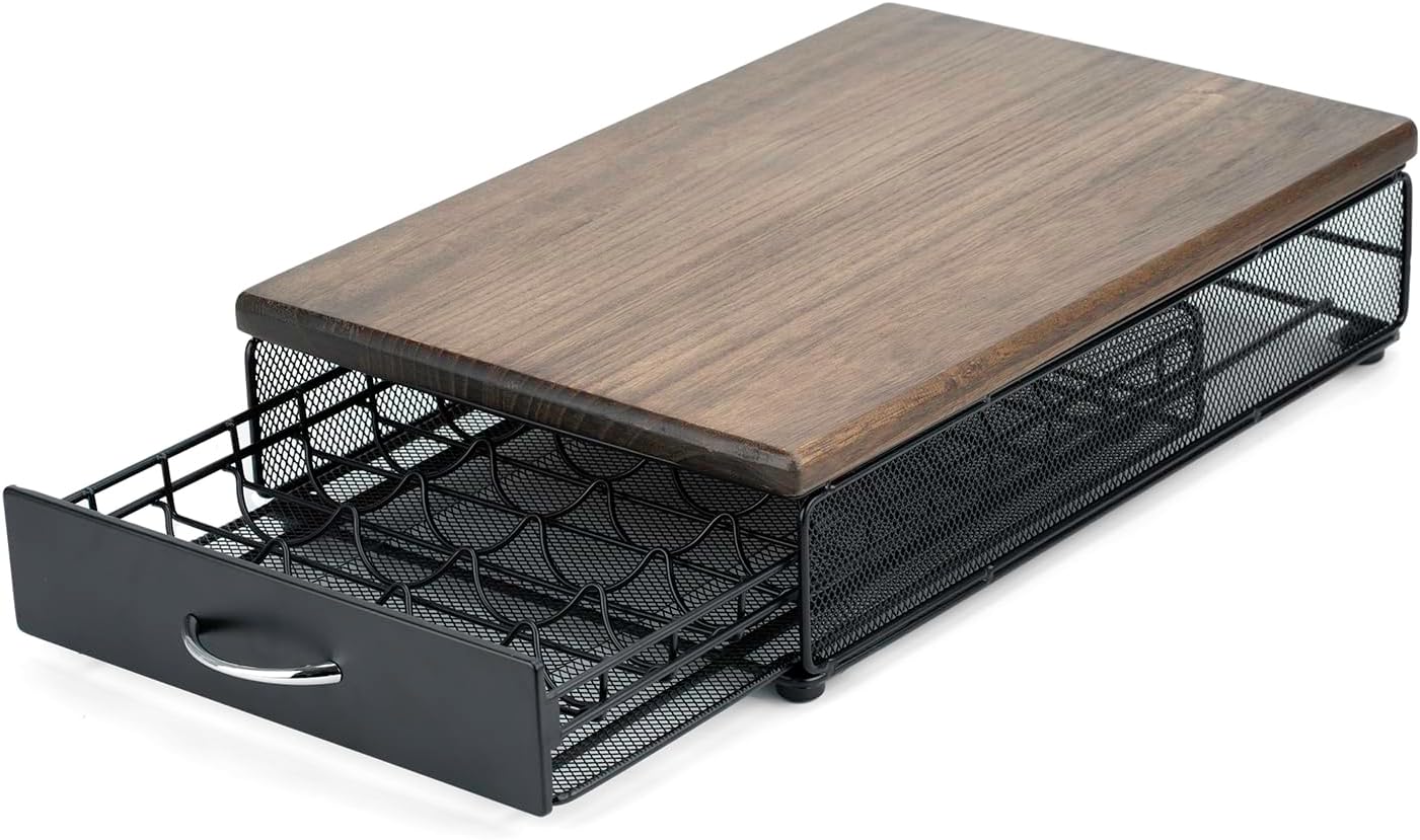 for Vertuo Coffee Capsule Storage Drawer Compatible with Nespresso Vertuoline Pods Holder Metal and Wood Top Organizer (can hold 40 Pods)