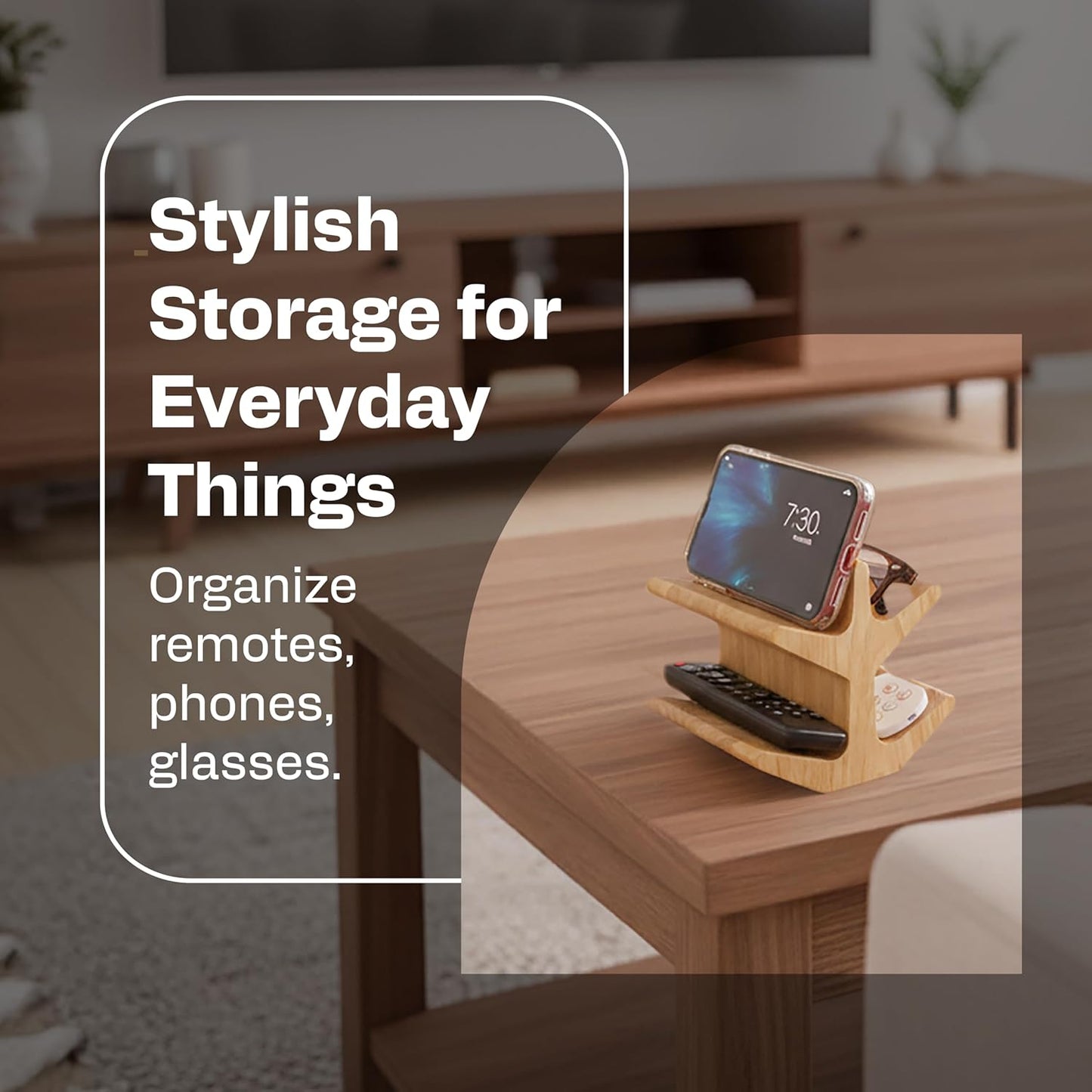 Decorative Remote Control Holder - Multiple Eyeglass Holder Stand - Remote Caddy for Table Bed - Wooden TV Remote Holder Storage - Coffee Table Organizer - Bedside Reading Glasses Holder