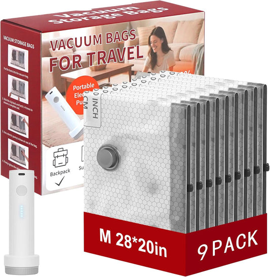 Rechargeable Wireless Pump Travel Storage Bags Set, 9 Pack (9M) Portable Space Saver Bags for Travel & Home, Vacuum Compression Packing Seal for Clothes, Blankets, Home Seasonal Storage