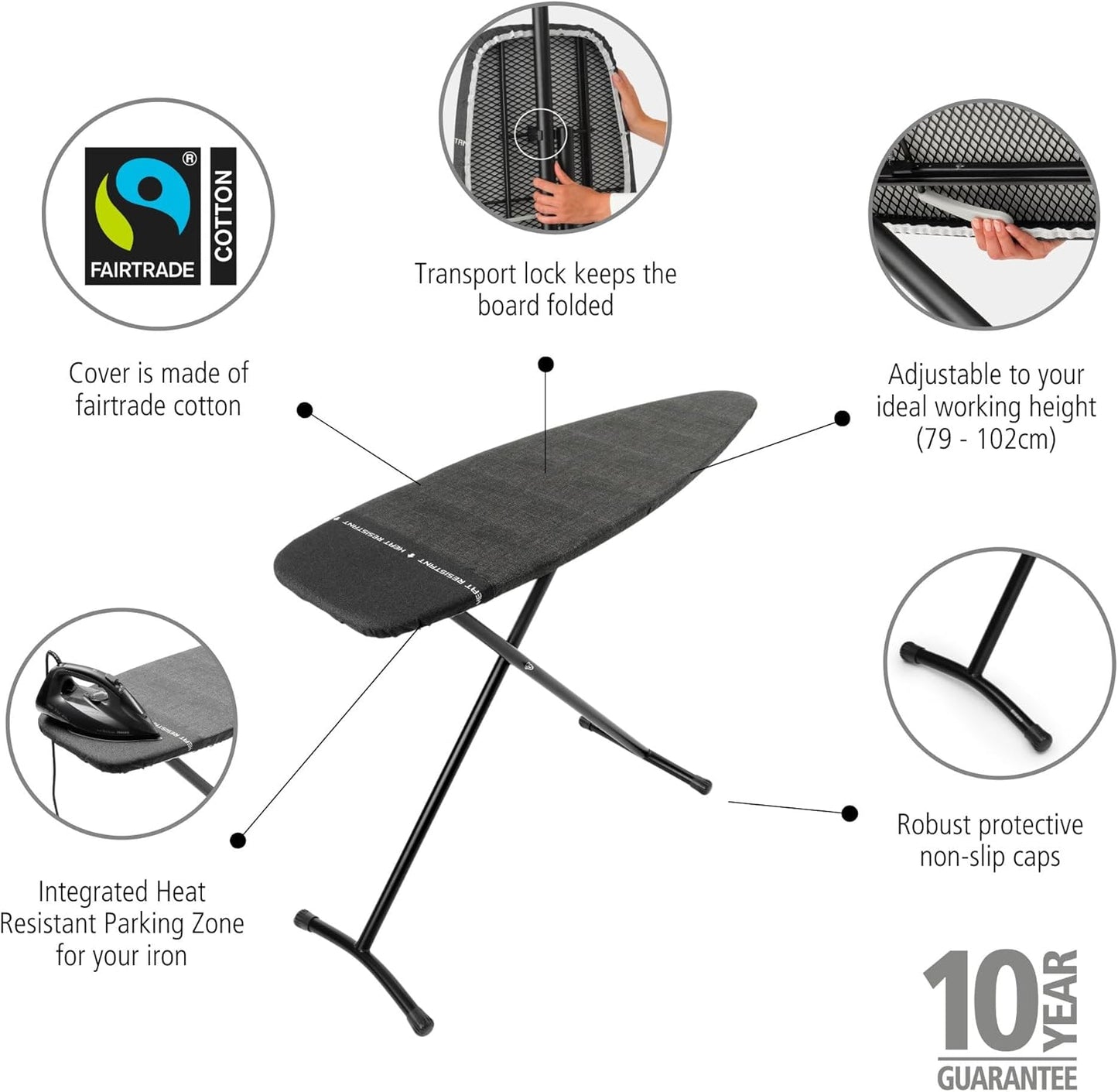 Brabantia Size D Ironing Board (53 x 18in) Heat Resistant Parking Zone, Black Frame, Non-Slip Feet, Suitable for Sit Down Ironing (Denim Black)