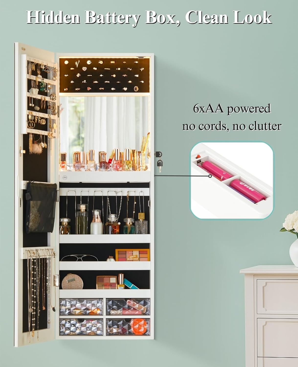 LUXFURNI LED Lights Mirror Jewelry Cabinet Wall Mounted or Door-Hanging, 42" Full Length Mirror with Storage, Built-in Makeup Mirror, Lockable Jewelry Mirror Organizer, White