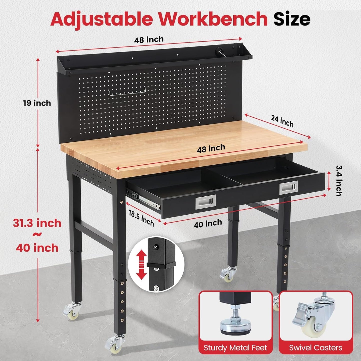 Work Bench for Garage 48 Inch Heavy Duty Rubberwood Tabletop Workbench with Wheels, Pegboard, Drawers, Power Outlets Adjustable Height Work Table for Home, Office, Workshop