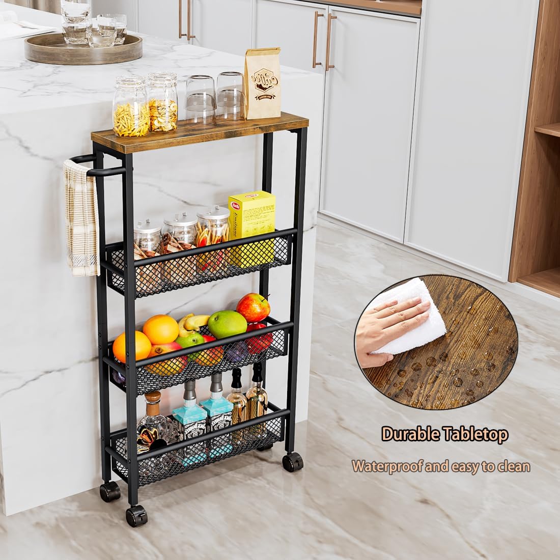 Slim Rolling Cart 4 Tier Narrow Storage Cart on Wheels with MDF Board Top and Metal Handle for Small Space Kitchen Living Room Home Office Pantry Bathroom Laundry Room(16.54×5.12×30.31 inch)