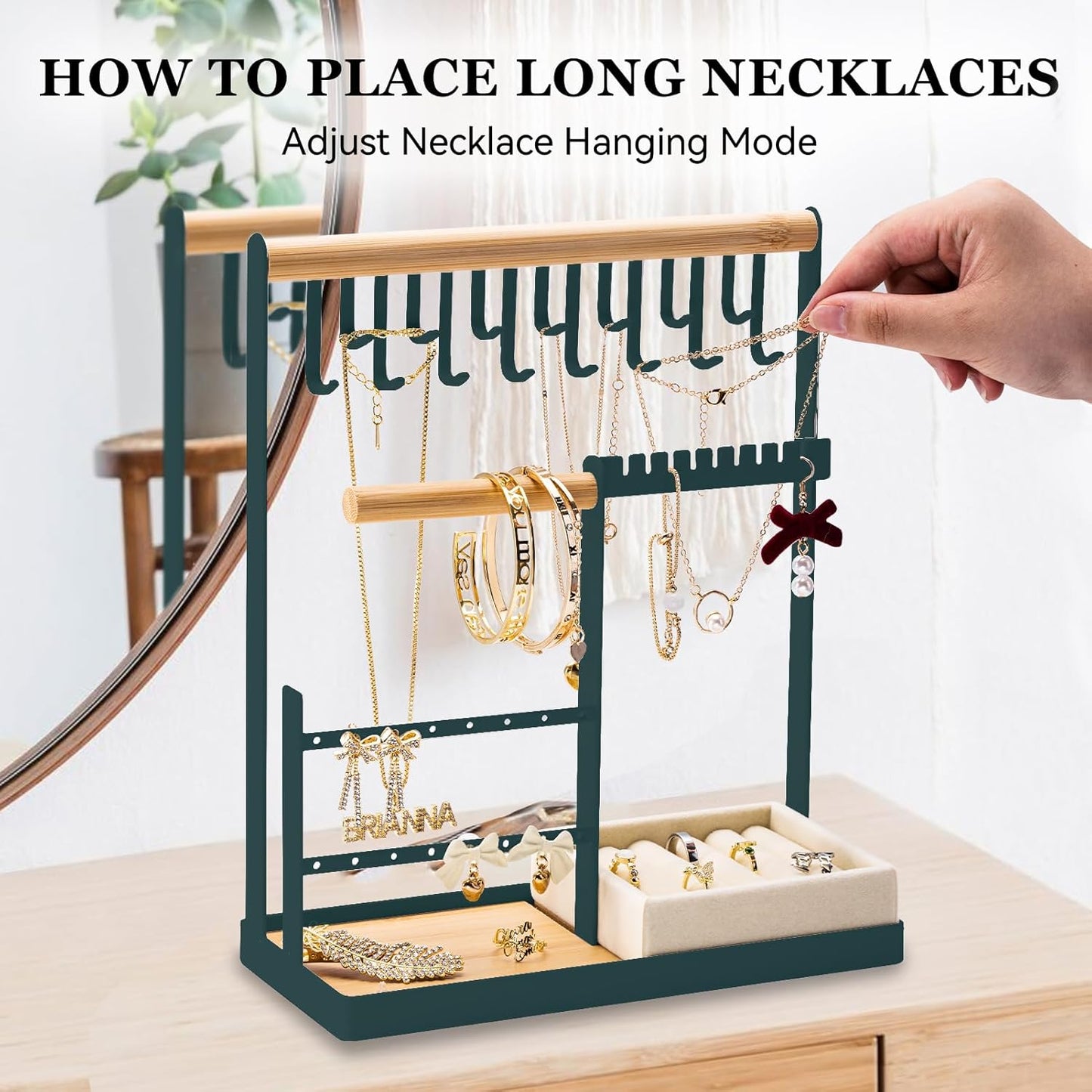 DreamGenius Jewelry Organizer Stand with Velvet Ring Holder, 4 Tier Jewelry Holder Organizer with 15 Hooks for Necklaces and 16 Holes for Earrings, Green
