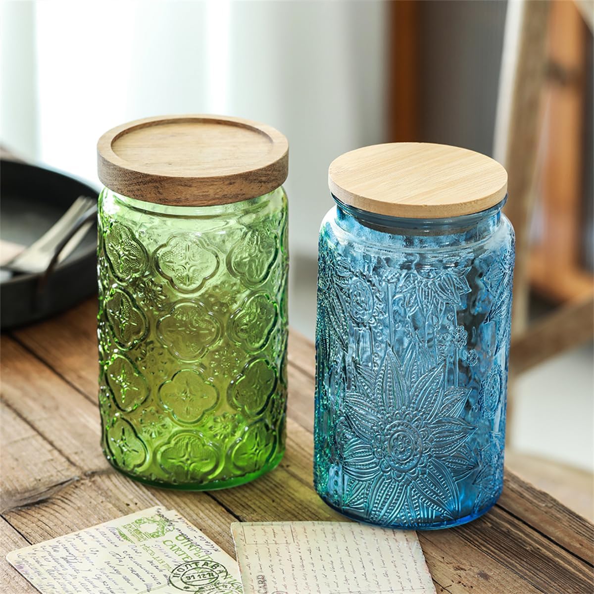 ANSQU Vintage Glass Jar with Solid Wood Lid, 34 FL OZ Blue Sunflower Decorative Jar, Glass Food Storage Container for Coffee, Tea Bags, Nuts, Sugar, Jam, Pet Food (Blue, 1 Pack)
