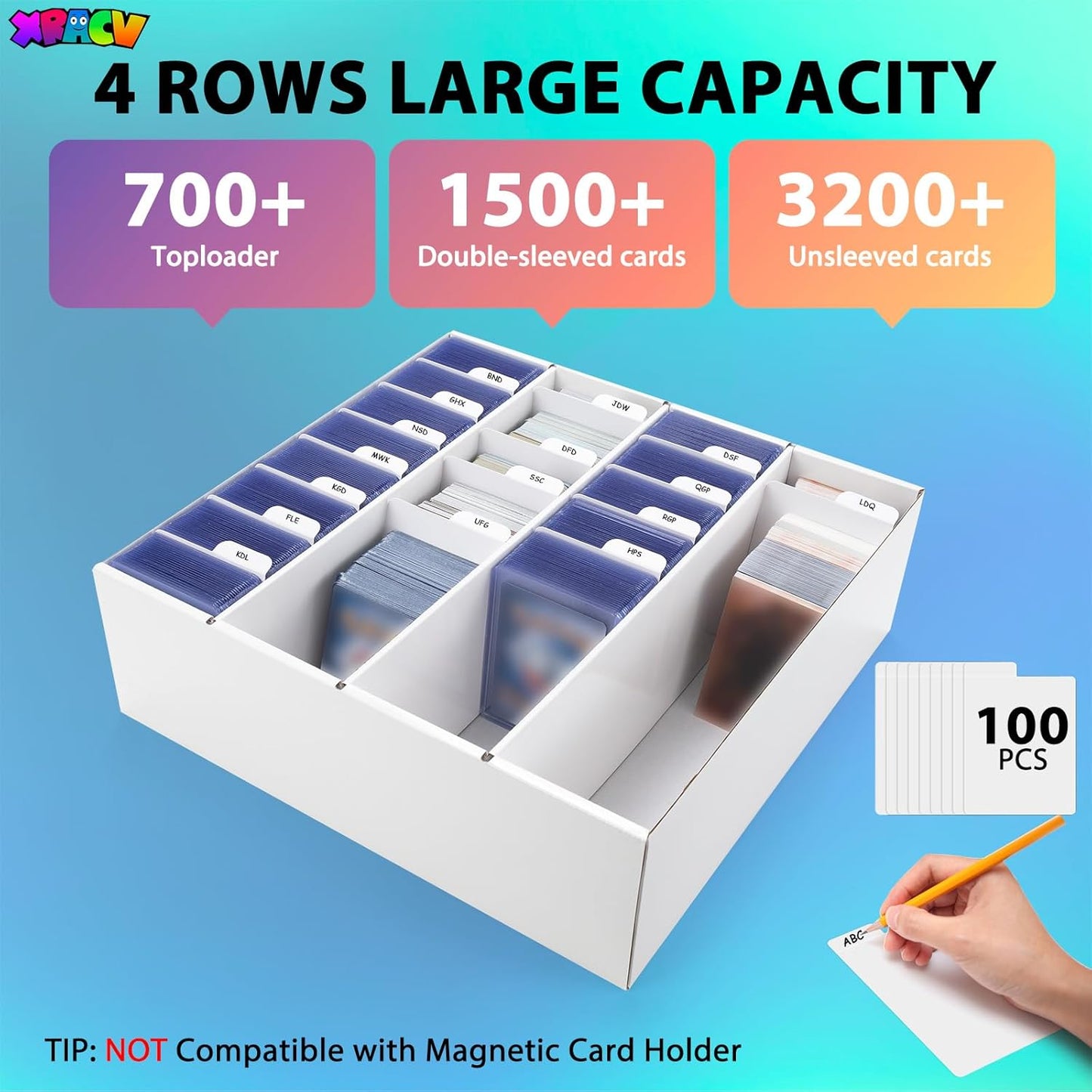 Trading Card Storage Box, 4 Row 3200 Count Collector Cards Box with Divider, White Corrugated Cardboard Compatible with Top Loader Organizer Sorting Tray Box for Sports Cards, MTG, TCG Cards (5-Pack)