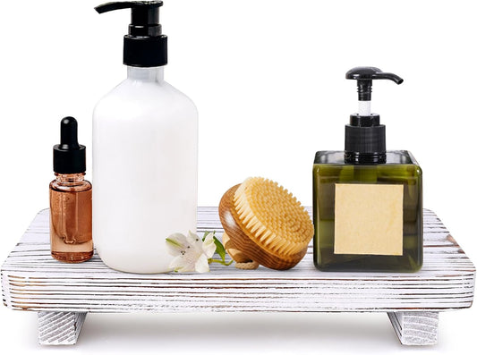 Rustic White Bathroom Counter Tray Wood Risers Display Pedestal Stand Kitchen Countertop Trays Decorative Wooden Riser Soap Dish Dispenser Holder for Bathroom Sink Accessories Kitchen Decor Tray