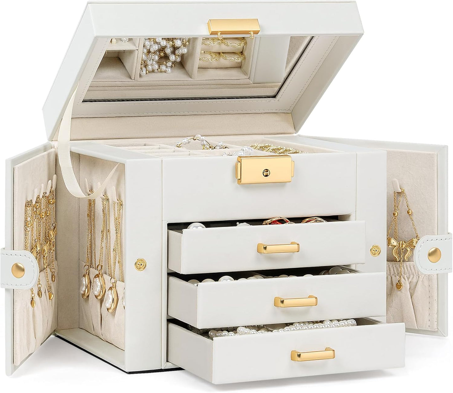 TORIBIO Jewelry Box for Women, Leather Jewelry Organizer with Mirror & Lock, 4-Tier Jewelry Storage Organizer with 3 Drawers for Girls/Women/Mothers, Necklace Earring Bracelets Holder Organizer