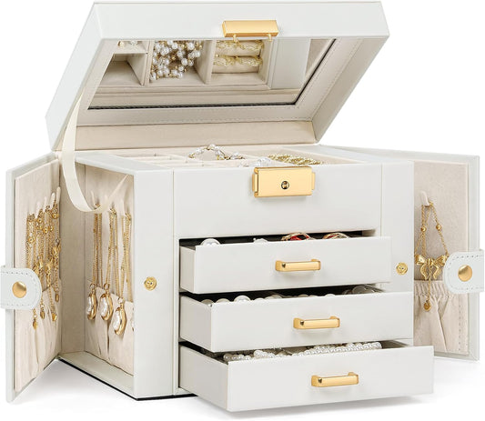 TORIBIO Jewelry Box for Women, Leather Jewelry Organizer with Mirror & Lock, 4-Tier Jewelry Storage Organizer with 3 Drawers for Girls/Women/Mothers, Necklace Earring Bracelets Holder Organizer