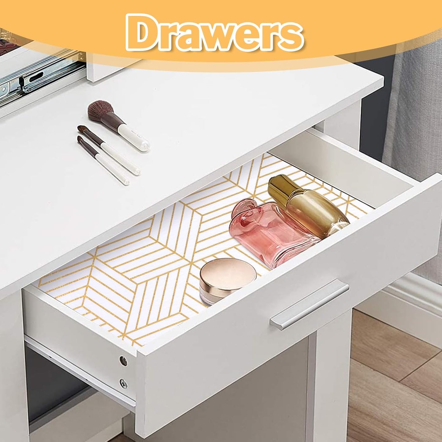 Shelf Liners for Kitchen Cabinets 11.8 x 236.2In Non Adhesive Shelf Liner Paper Non-Slip Thickened Drawer Liner Easy to Clean for Tool Box Refrigerator with Knife and Tape Measure, Gold Geometric