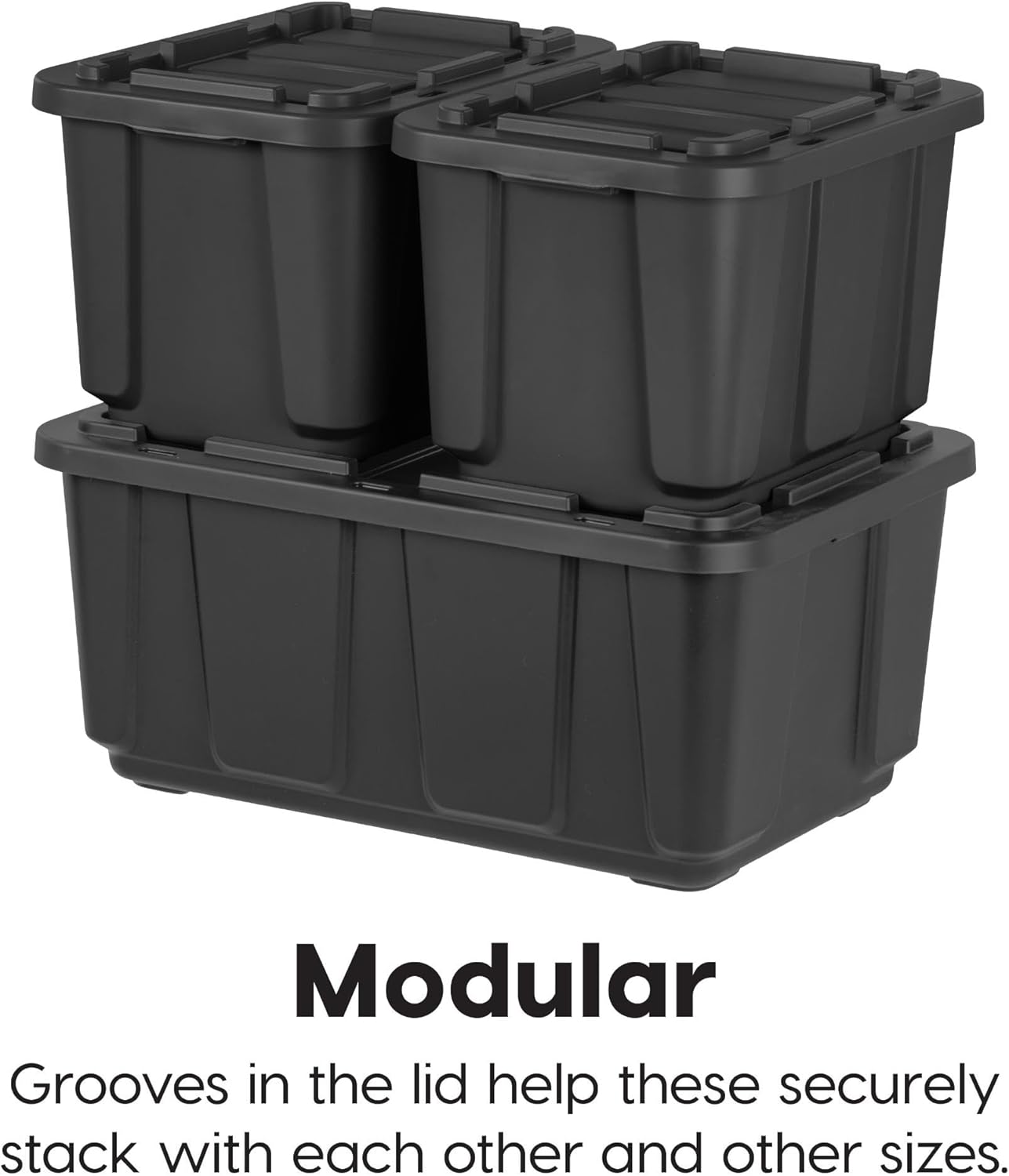 IRIS USA 12 Gallon Heavy Duty Truck Bed Toolbox Storage Tote Bins with Lids, 4 Pack - Made in USA, Tough Snap On Lockable Lid Stackable Industrial Rugged Tubs, Garage Organization Box - Black