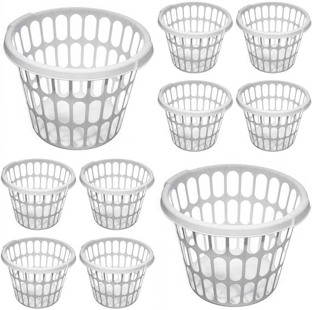 10-Pack Round White Plastic Laundry Basket, Suitable for Use in Bathrooms, Laundry Rooms, Bedrooms and Dormitories, Lightweight and Durable.