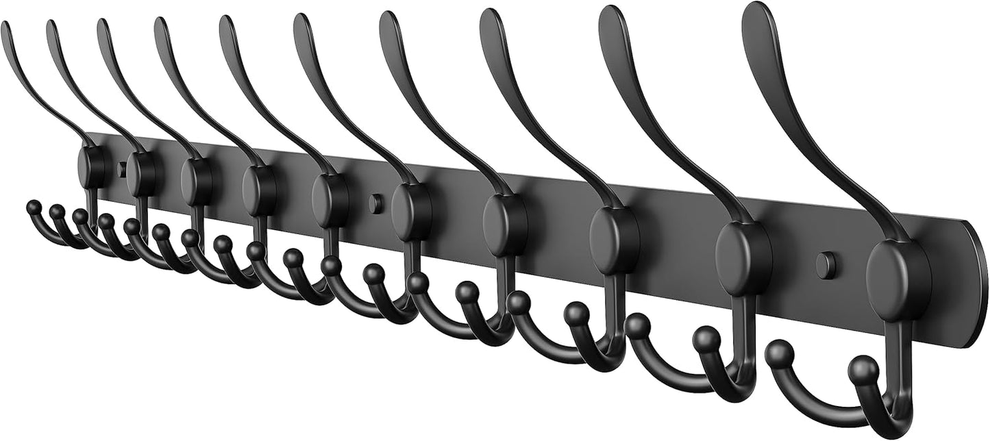 Coat Rack Wall Mount with 10 Tri Hooks, Stainless Steel 32 Inch – Black Matte Finish, Heavy Duty Wall Mounted Hook Rack for Coats, Hats, Towels, Scarfs, Robes, Bags, Entryway & Bathroom