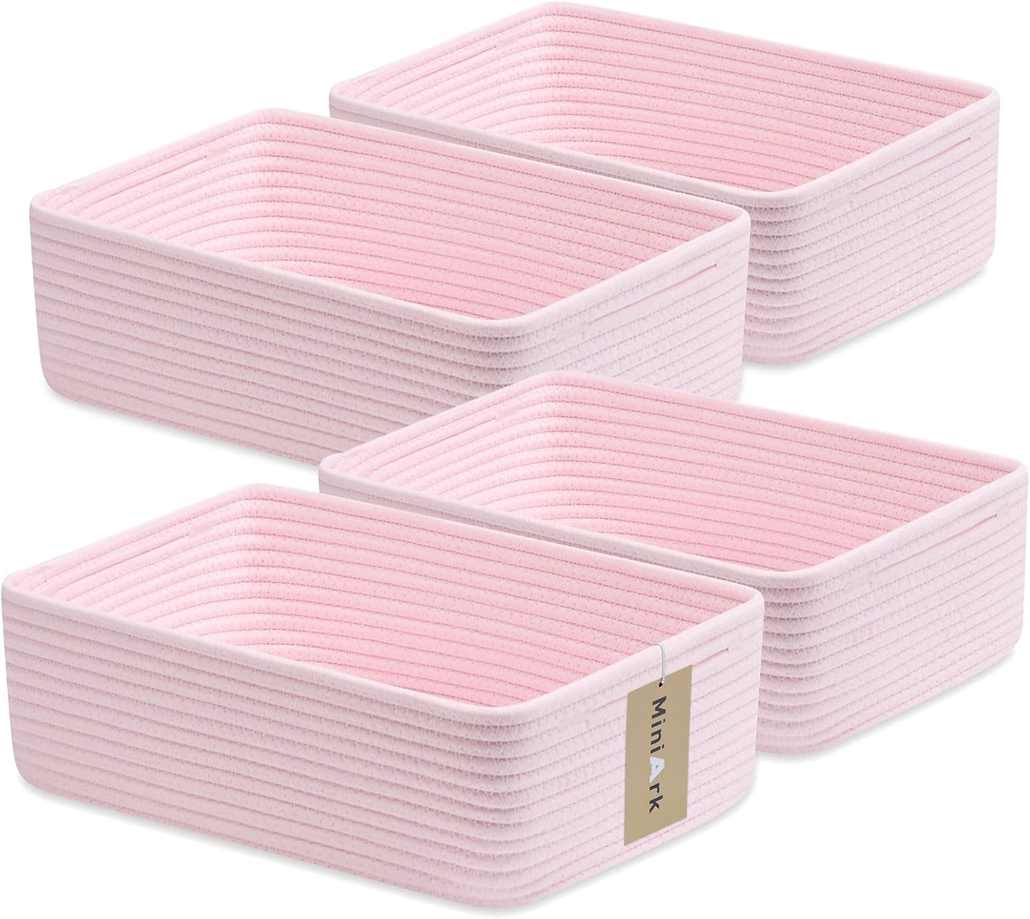 Large Shallow Organizing Baskets 15x11x5.1 Inches - Rope Woven Storage Bins for Bathroom, Shelves, Cube Closet, Light Pink 4 Packs