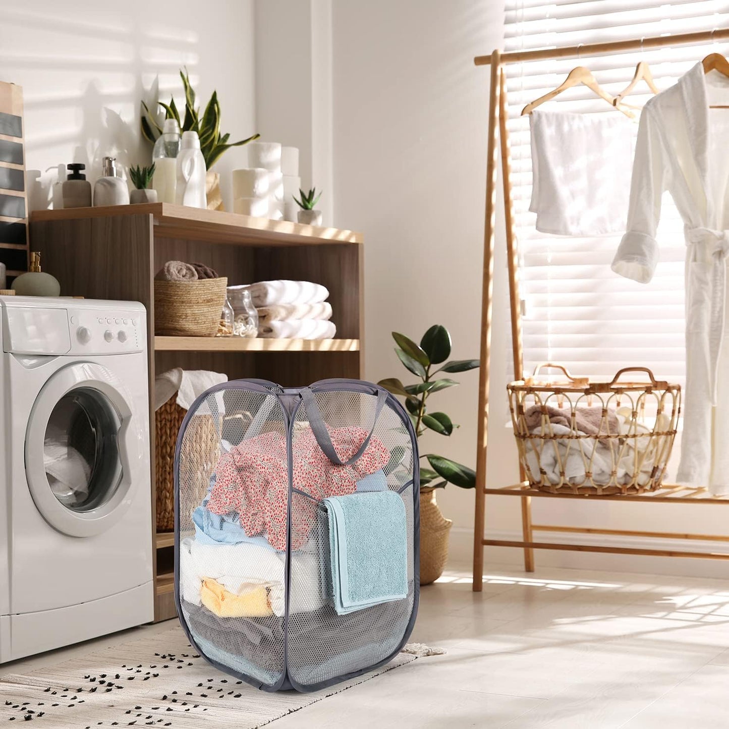 BATTOO Deluxe Strong Mesh Pop up Laundry Hamper Basket with Side Pocket Foldable Hamper for Laundry Room, Bathroom, Kids Room, College Dorm or Travel Black + Grey