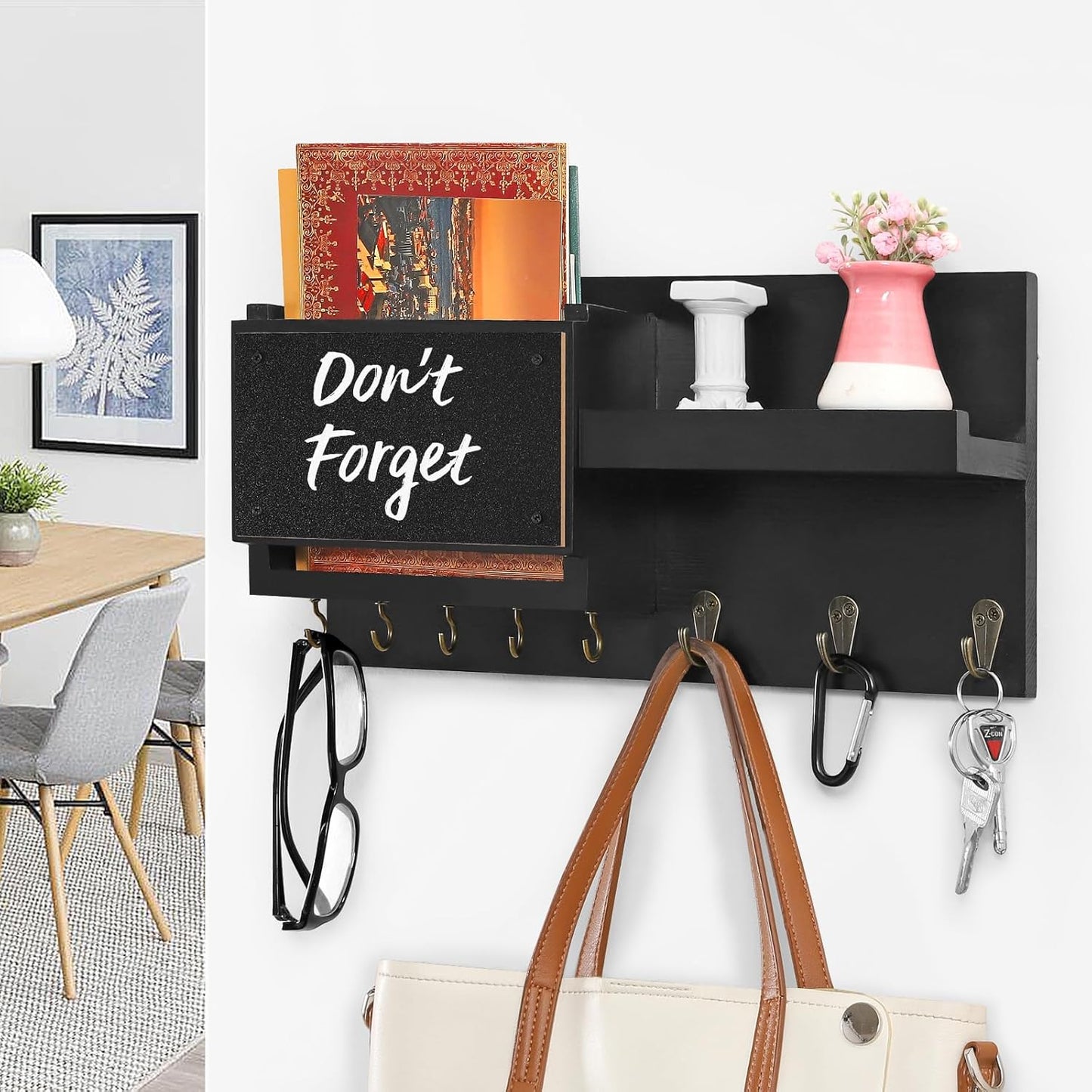 Decorative Key Hanging Rack with 8 Hooks – Easy Install Natural Wooden Key and Mail Holder for Wall Mount – Sunglasses Wallet Holder Entryway Decor with Shelf and Chalkboard (Coal Black)