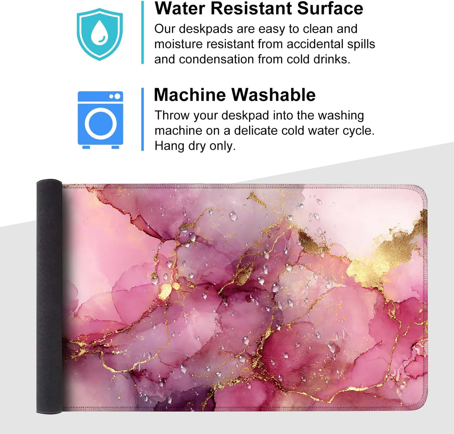 Pink Marble Ink Mouse Pad – Large Extended Desk Mat 35.43 x 15.75 in – Elegant Watercolor Gold Foil Design, Waterproof Surface, Non-Slip Rubber Base, Keyboard & Mouse Pad for Office or Gaming
