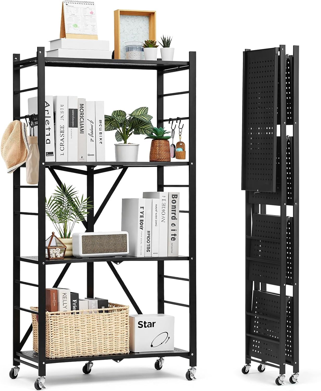 VEVOR 4-Tier Foldable Storage Shelf, 28W x 13D x 54H Inch Folding Metal Rack Shelving Unit, No Assembly Organizer Shelf with 5 Wheels & 4 Hooks for Pantry, Kitchen, Garage, Basement, Black