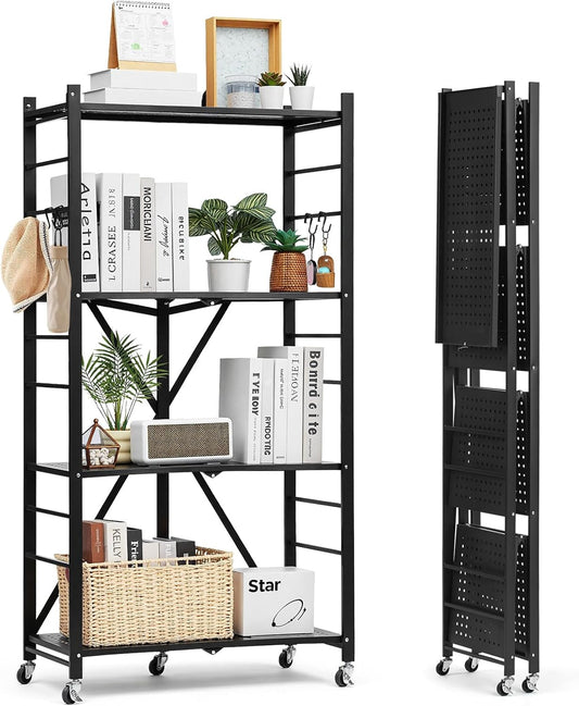 VEVOR 4-Tier Foldable Storage Shelf, 28W x 13D x 54H Inch Folding Metal Rack Shelving Unit, No Assembly Organizer Shelf with 5 Wheels & 4 Hooks for Pantry, Kitchen, Garage, Basement, Black