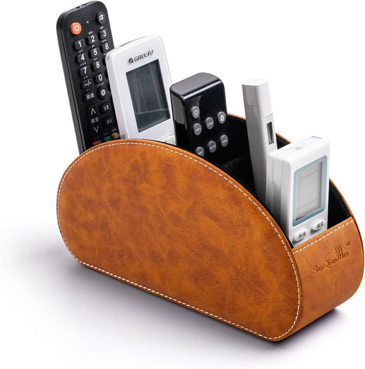 Remote Control Holders Organizer Box with 5 Compartment PU Leather Multi-functional Office Desk Storage Caddy Store Tv Remote for Media Player,Brush,Pencil,Glassees&Office Supplies (Two tone brown)