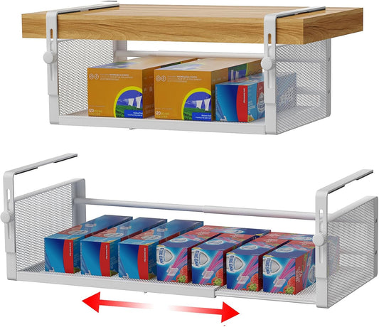 2Pack Under Shelf Basket, Adjustable Hanging Under Cabinet Shelf Storage, Hanging Holder Length Stretchable 14.9-22.6Inch for Kitchen Pantry Desk Counter Bookshelf Cupboard (White)