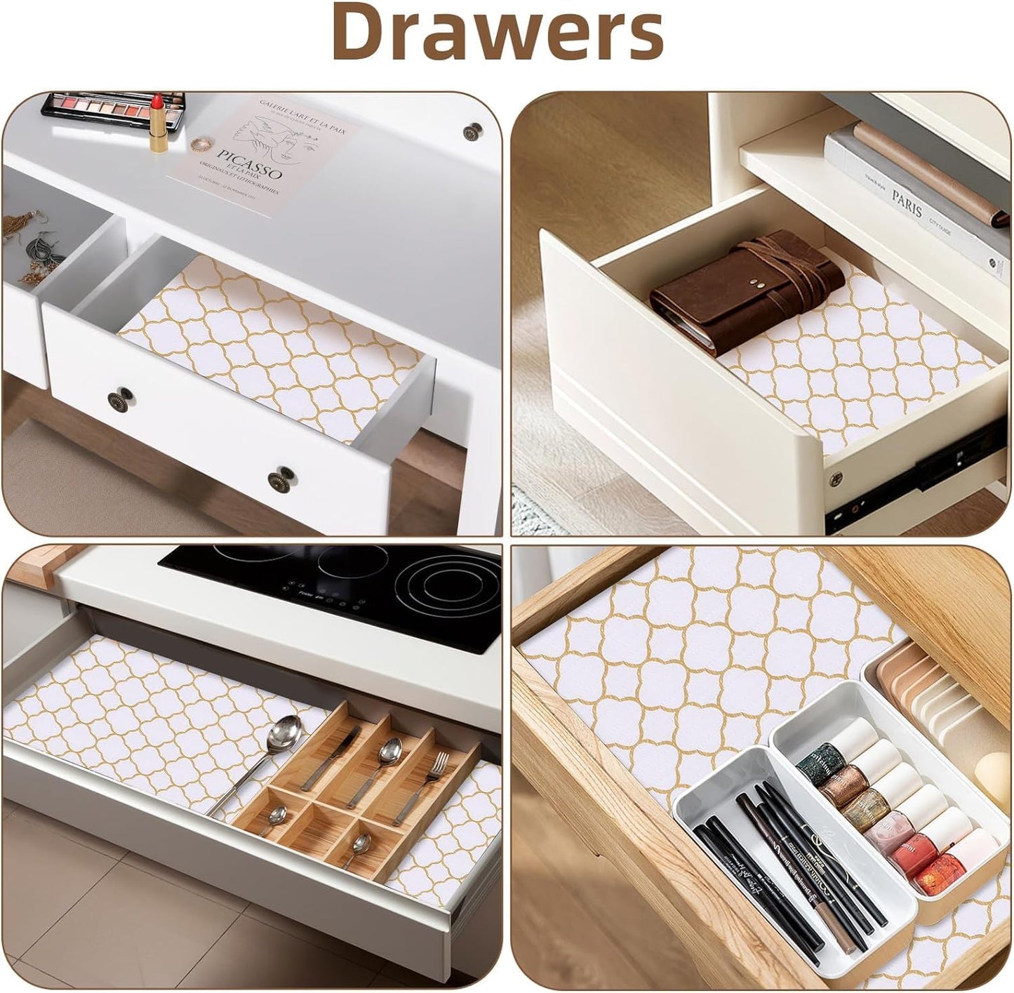 Shelf Drawer Liners for Kitchen Cabinets Non Adhesive Drawer Liner Thickened Refrigerator Liner Gold Quatrefoil Strong Non-Slip Paper for Tool Box with Knife and Tape Measure,23.6 x 236.2 Inches