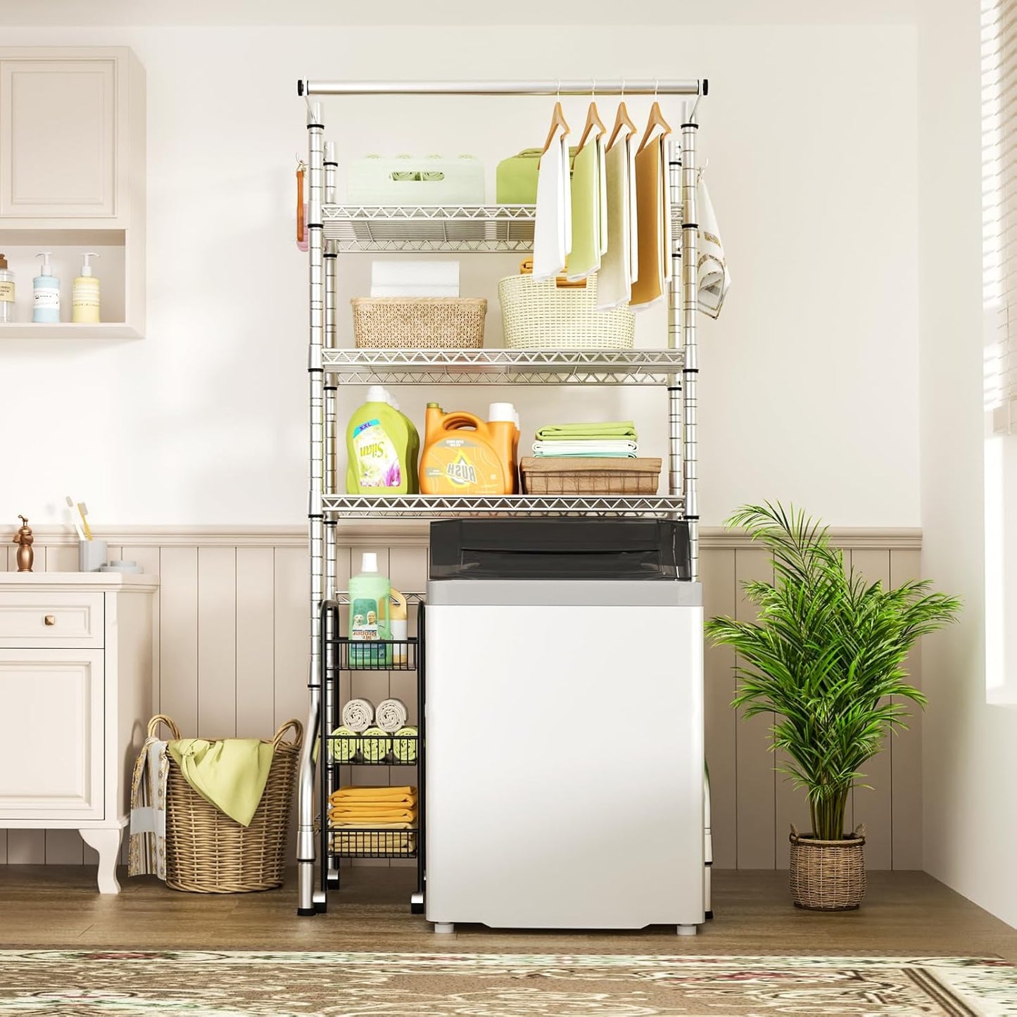 Ulif U11 Over Washer and Dryer Shelves, 3 Tiers Laundry Room Storage and Organizer Standing Shelf, Metal Freestanding Clothes Drying Rack, 33.9" W x 19.7" D x 77.6" H, Chrome