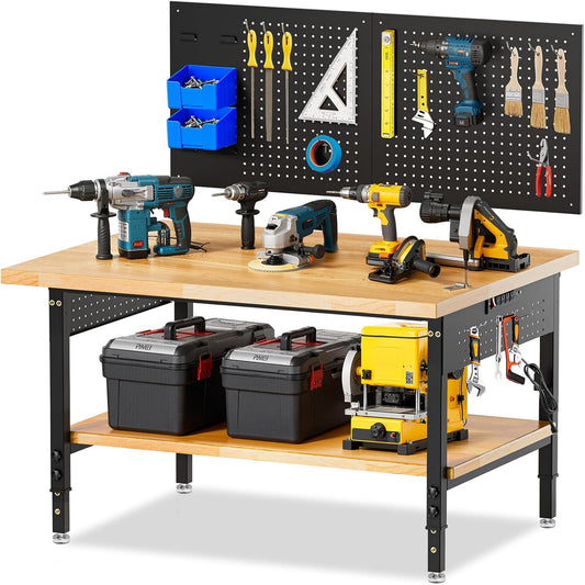Adjustable Height Work Bench 48×24 Workbench for Garage with Under Table Shelf Heavy Duty Rubber Wood Work Table for Shop Woodworking, Office, Home, Commercial