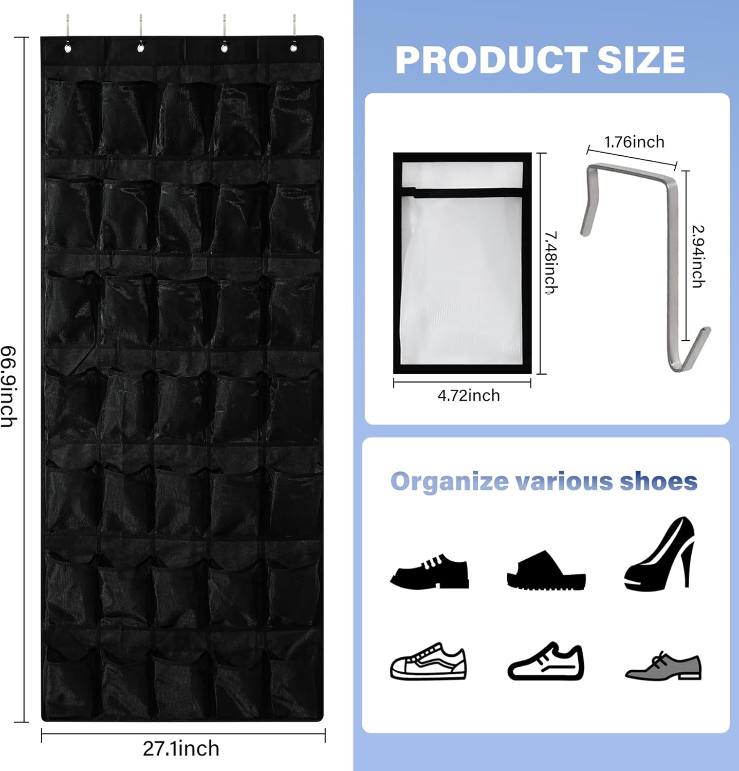 35Large Pockets Over The Door Shoe Organizer, Mesh Pockets Shoe Holder Rack, Capacity hanging shoe organizer，door shoe rack With 4 Metal Hook.